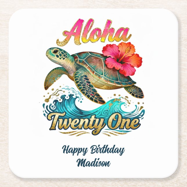  21st Birthday Personalised Tropical Ocean Theme Square Paper Coaster (Front)