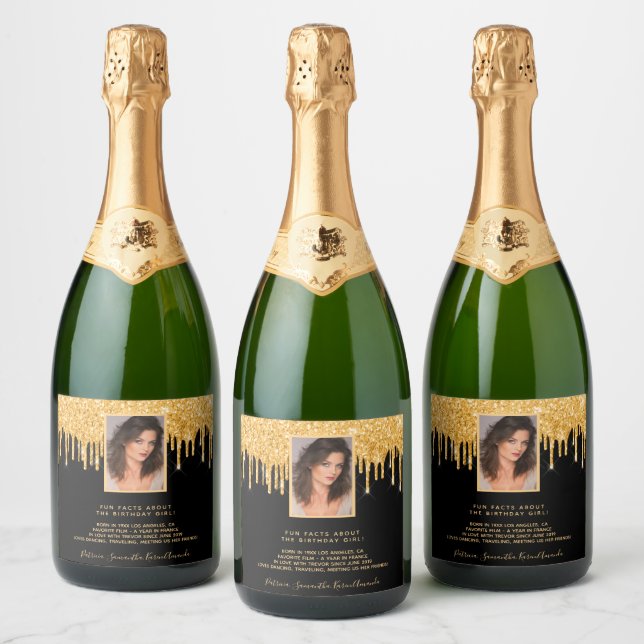 21st birthday photo black glitter gold fun facts sparkling wine label (Bottles)