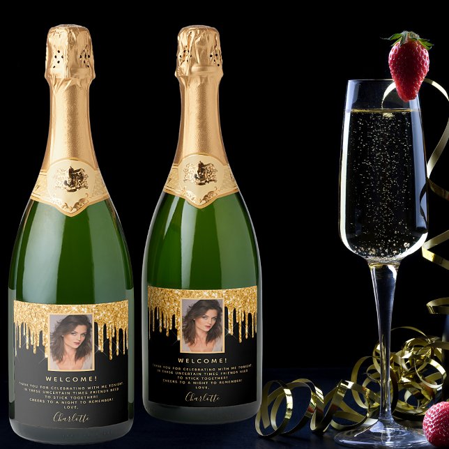 21st birthday photo black glitter gold welcome sparkling wine label (Creator Uploaded)