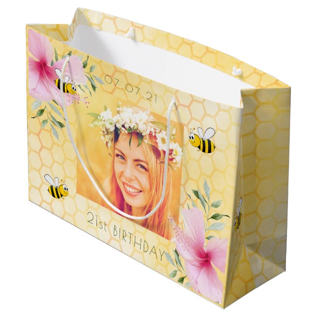 21st birthday photo bumble bees honeycomb large gift bag (Back Angled)