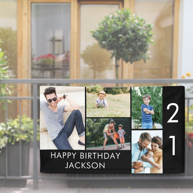 21st Birthday Photo Collage 5 Picture Black White Banner (Creator Uploaded)