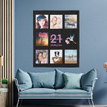 21st birthday photo collage black fleece blanket<br><div class="desc">A gift for a woman's 21st birthday,  celebrating her life with a collage of 8 of your photos.  Templates for a name,  age 21 and a date.  Date of birth or the date of the anniversary.  Pink and purple coloured letters.  Black coloured background.</div>