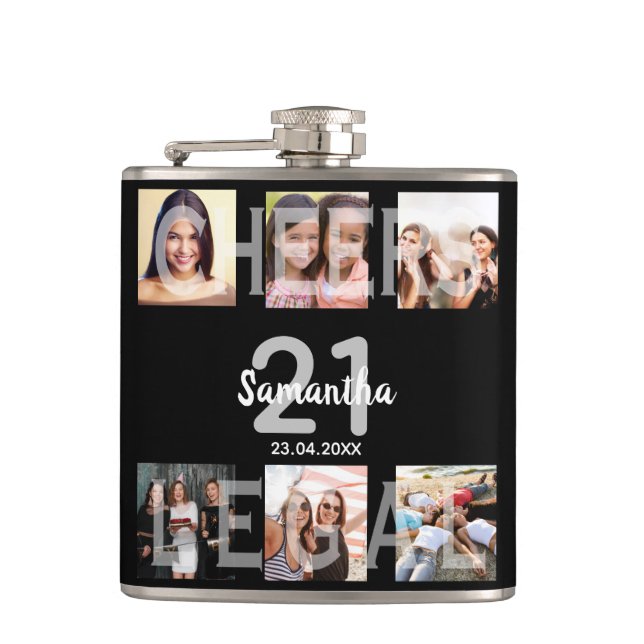 21st birthday photo collage black white monogram hip flask (Front)