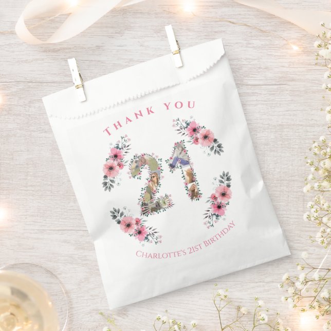 21st Birthday Photo Collage Pink Flower Girl White Favour Bag (Clipped)