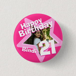 21st Birthday photo fun hot pink button/badge 3 Cm Round Badge