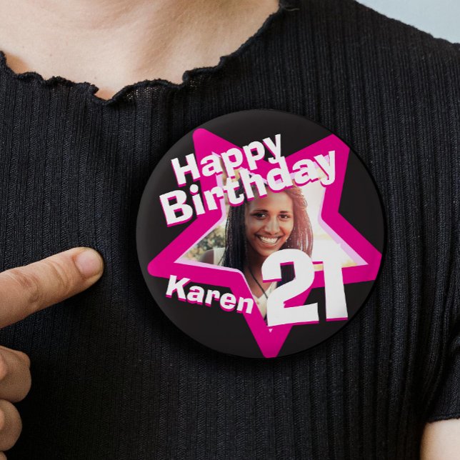 21st Birthday photo fun hot pink button/badge 3 Cm Round Badge (Creator Uploaded)