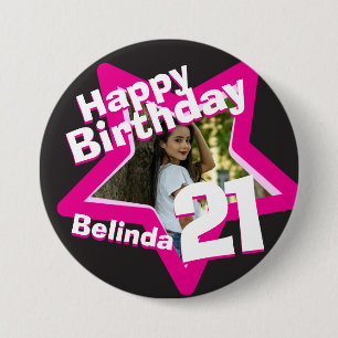 21st Birthday photo fun hot pink button/badge 7.5 Cm Round Badge