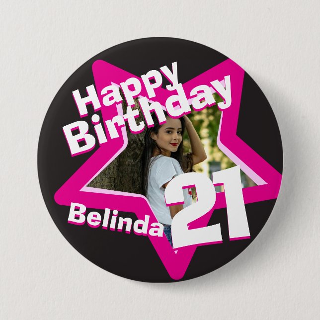 21st Birthday photo fun hot pink button/badge 7.5 Cm Round Badge (Front)