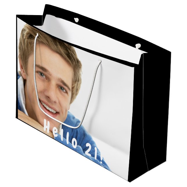 21st birthday photo hello 21 guy large gift bag (Front Angled)