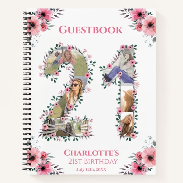 21st Birthday Photo Pink Flower White Guest Book (Front)