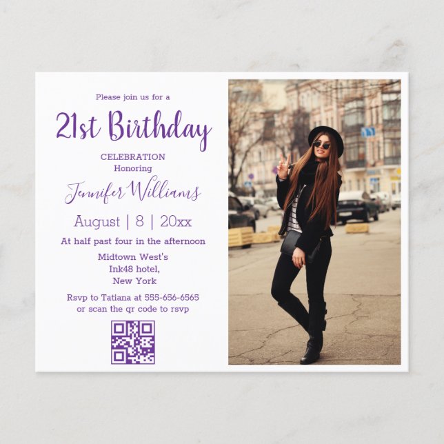  21st birthday photo qr code purple invitation  (Front)