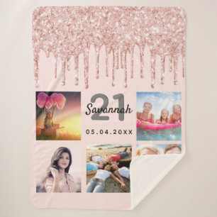 21st birthday photo rose gold blush pink name sherpa blanket