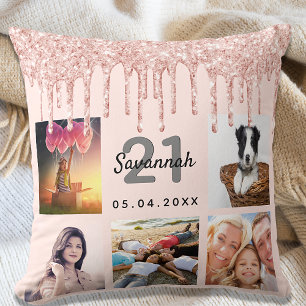 21st birthday photo rose gold glitter blush pink cushion