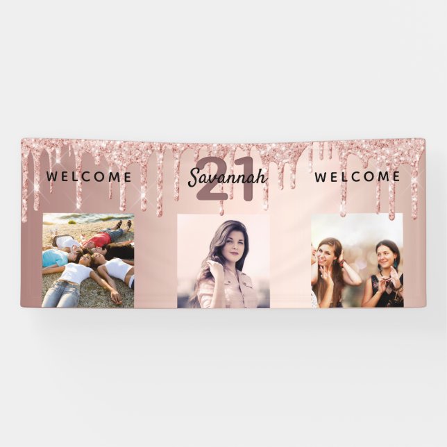 21st birthday photo rose gold glitter sparkle banner (Horizontal)