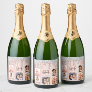 21st birthday photo rose gold silver glitter name sparkling wine label