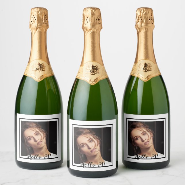 21st birthday photo white black sparkling wine label (Bottles)