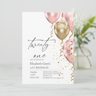 21st Birthday Pink and Gold Balloons Modern Invitation