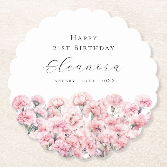 21st Birthday Pink Carnation January Birth Flower Paper Coaster (Front)