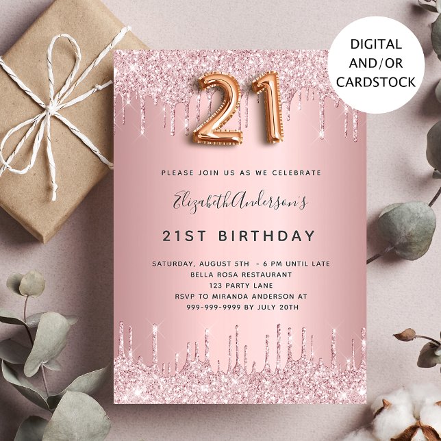21st Birthday pink dusty rose glitter drips luxury Invitation (Creator Uploaded)