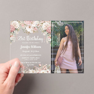 21st birthday pink floral photo party acrylic invitations