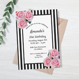 21st birthday pink florals on black white stripes invitation