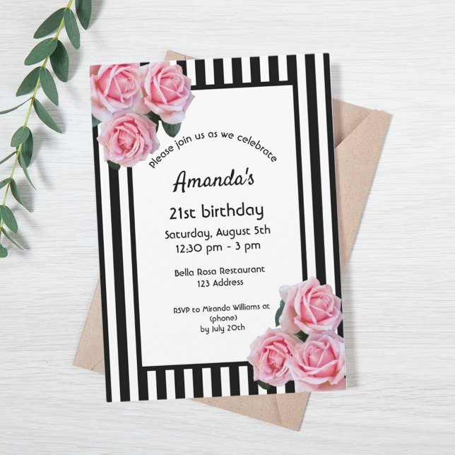 21st birthday pink florals on black white stripes invitation (Creator Uploaded)