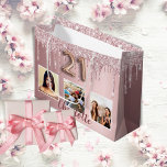 21st birthday pink glitter drips photo monogram large gift bag<br><div class="desc">A gift bag for a girly and glamourous 21st birthday.  A pink background with faux glitter drips,  paint dripping look. Personalise and add 3 photos and a name.  Number 21 is written with a balloon style font. Perfect as a party favour bag or as a gift  bag.</div>