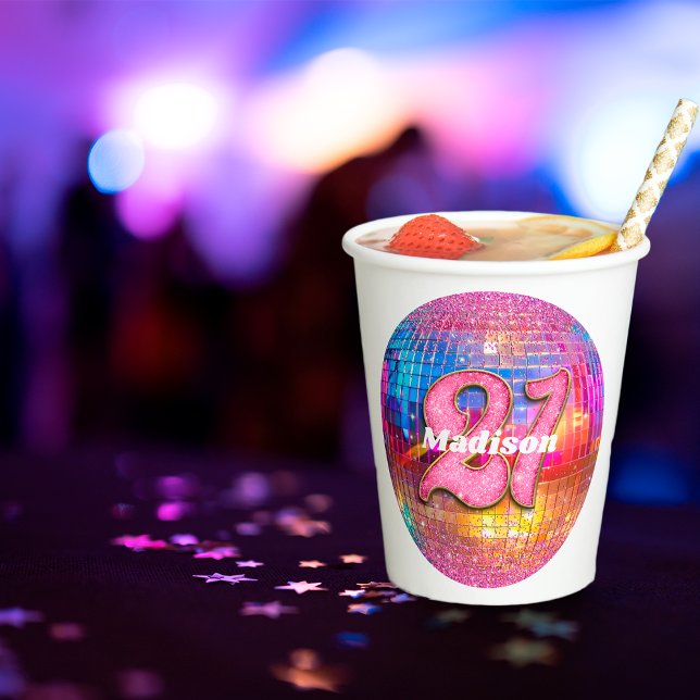 21st Birthday Pink Glitter Groovy 70s Disco Ball Paper Cups (Creator Uploaded)