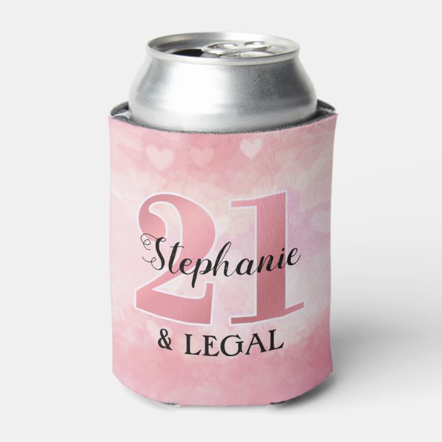 21st Birthday | Pink Hearts 21 and Legal Can Cooler (Can Front)