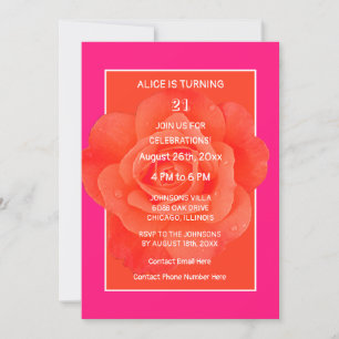 21st Birthday Pink Orange Rose Floral Modern Invitation