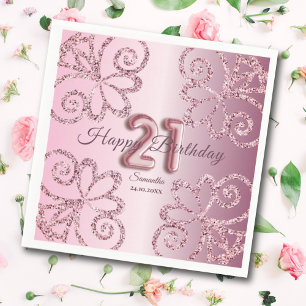 21st Birthday Pink Princess Glitter Balloon Script Napkin