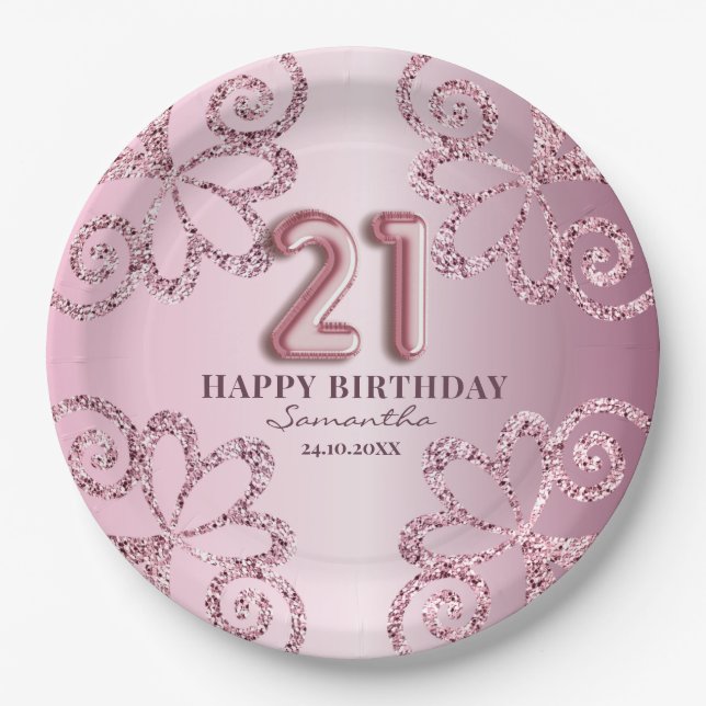 21st Birthday Pink Princess Glitter Balloon Script Paper Plate (Front)