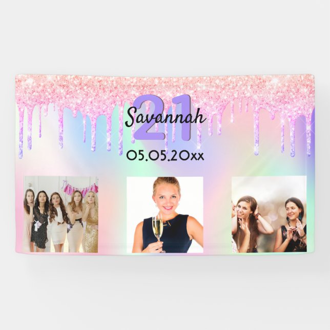 21st birthday pink purple drips photo welcome banner (Horizontal)