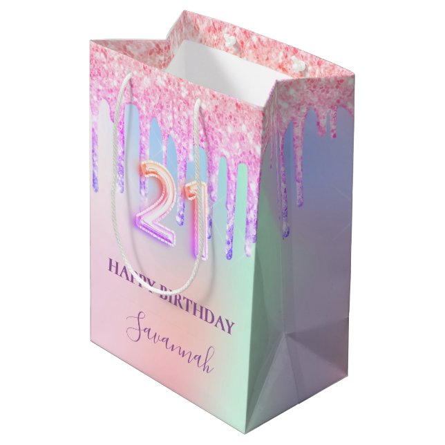 21st birthday pink purple glitter drips glamourous medium gift bag (Back Angled)