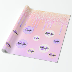 21st birthday pink rose gold glitter drips wrapping paper