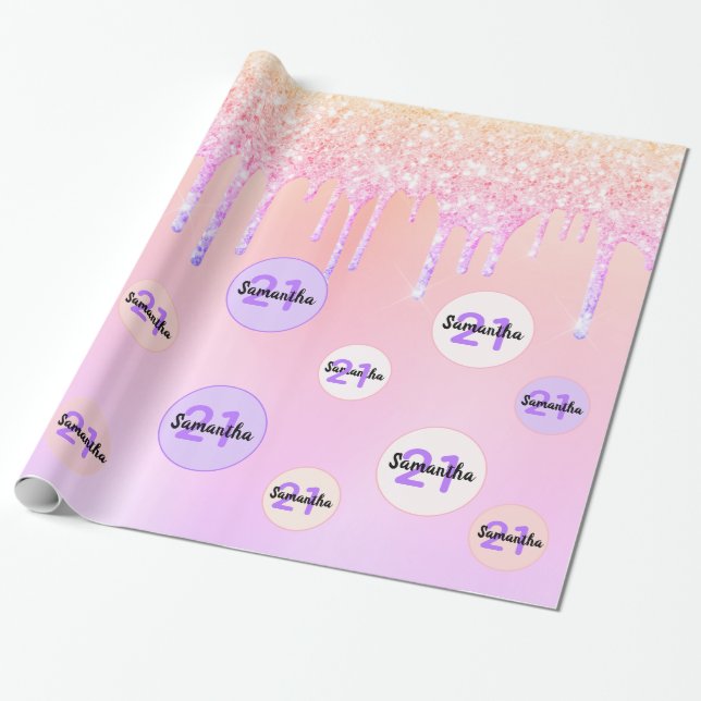 21st birthday pink rose gold glitter drips wrapping paper (Unrolled)