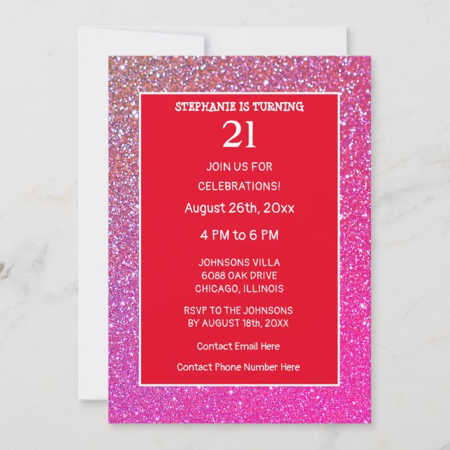 21st Birthday Pink Rose Gold Glitter Orange Modern Invitation (Front)