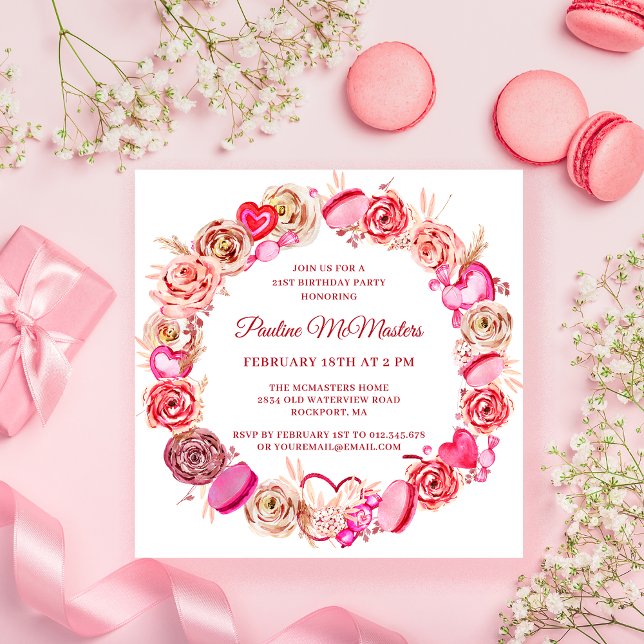 21st Birthday Pink Rose Swirly Heart Valentine Invitation (Creator Uploaded)