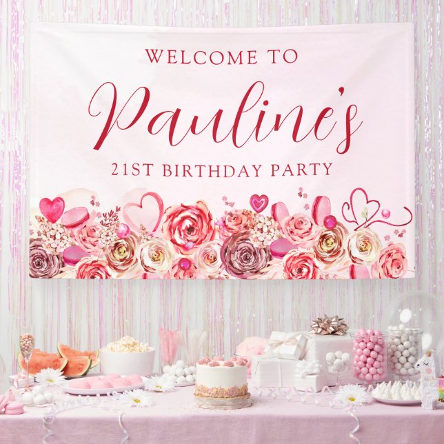 21st Birthday Pink Rose Swirly Heart Welcome Banner (Party)