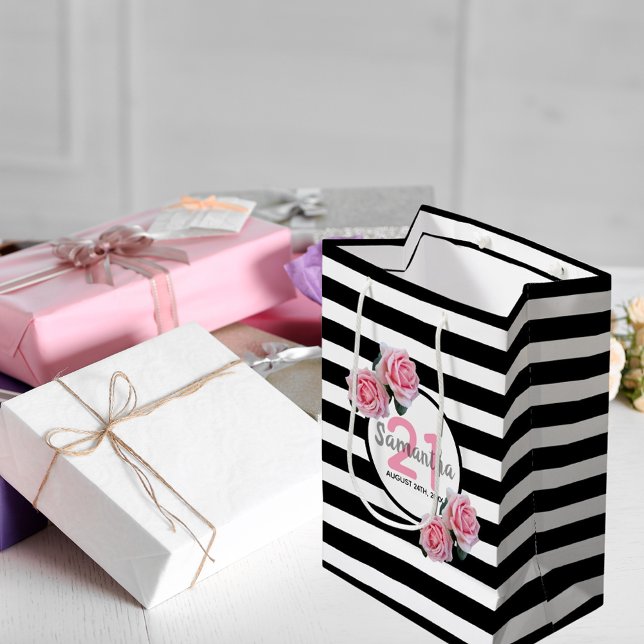 21st birthday pink roses black white stripes name small gift bag (Creator Uploaded)