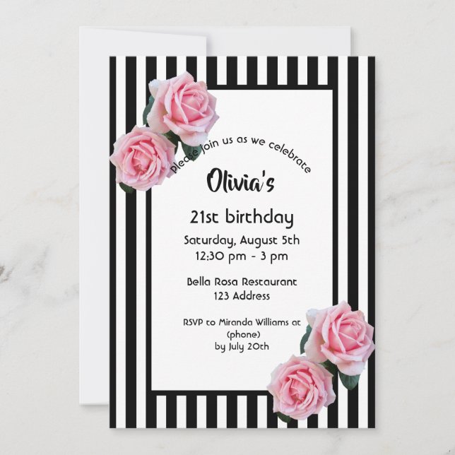 21st birthday pink roses on black white stripes invitation (Front)