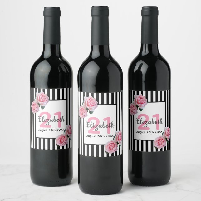 21st birthday pink roses on black white stripes wine label (Bottles)