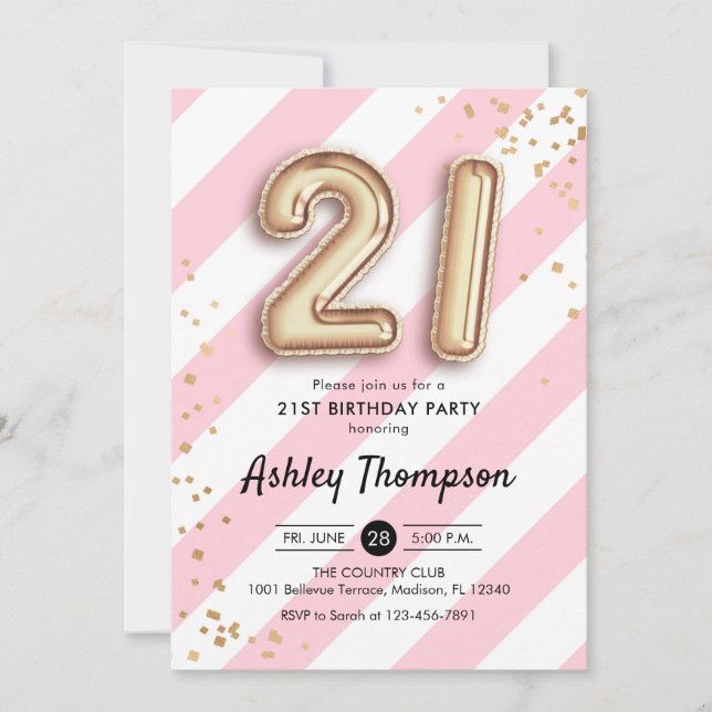 21st Birthday - Pink Stripes Gold Balloons Invitation (Front)