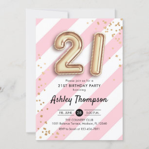 21st Birthday - Pink Stripes Gold Balloons Invitation