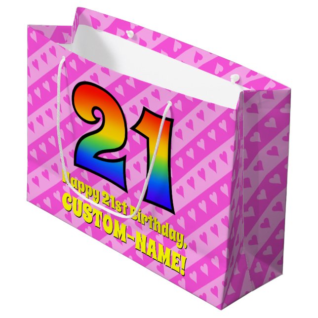 21st Birthday: Pink Stripes & Hearts, Rainbow # 21 Large Gift Bag (Front Angled)