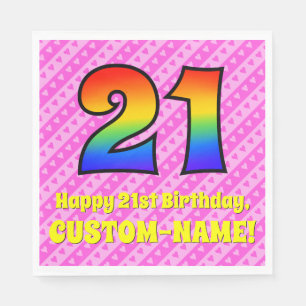 21st Birthday: Pink Stripes & Hearts, Rainbow # 21 Napkin