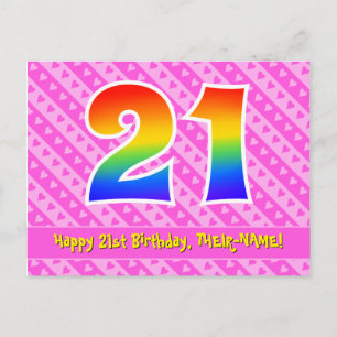 21st Birthday: Pink Stripes & Hearts, Rainbow 21 Postcard