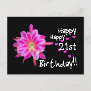 21st Birthday - Pink Tropical Flower and Hearts Postcard