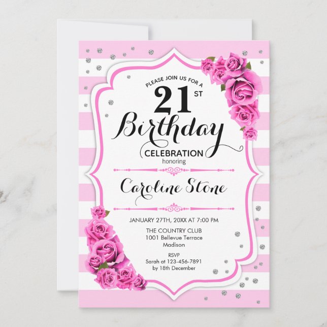 21st Birthday -  Pink White Stripes Roses Invitation (Front)