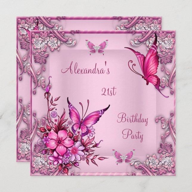21st Birthday Pretty Pink Floral Butterfly Silver Invitation (Front/Back)